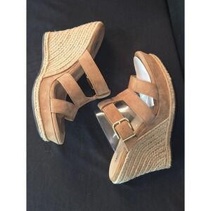 UGG Women's Suede Leather Espadrille Wedge Sandals Size 9 Tan‎ Buckle